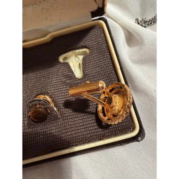 Vintage Dante Tigers Eye Cufflinks and Tie Tack Set Gold Tone Mid Century Boxed - Picture 7 of 7
